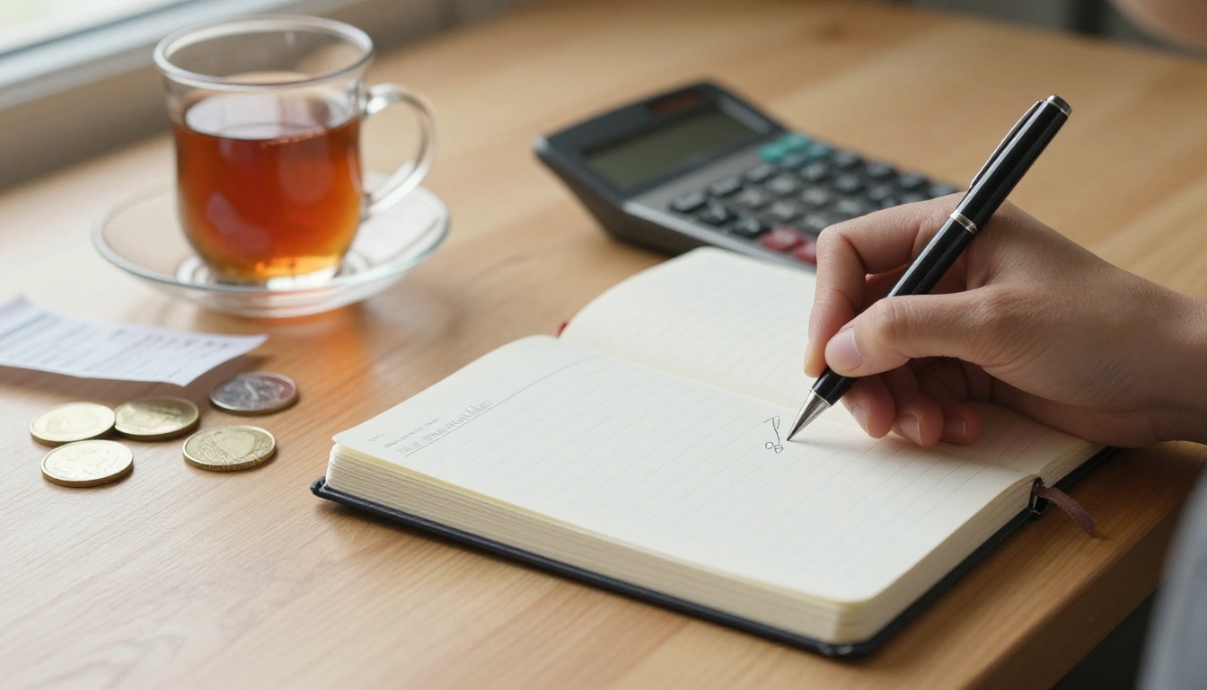 Woman's hand writing figures in a notebook next to a pocket calculator and a folded receipt
