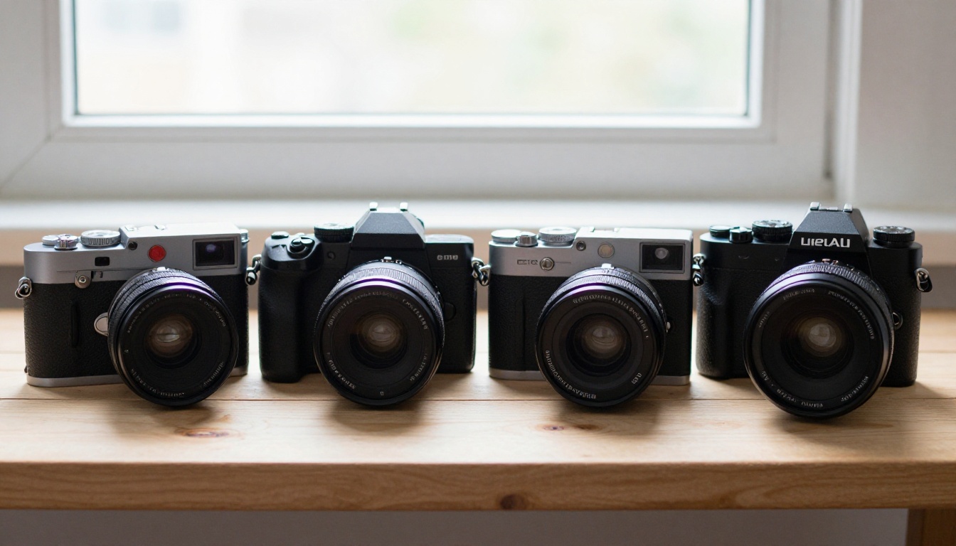 Four cameras lined up on a pale wooden bench, from a vintage rangefinder to a medium format body