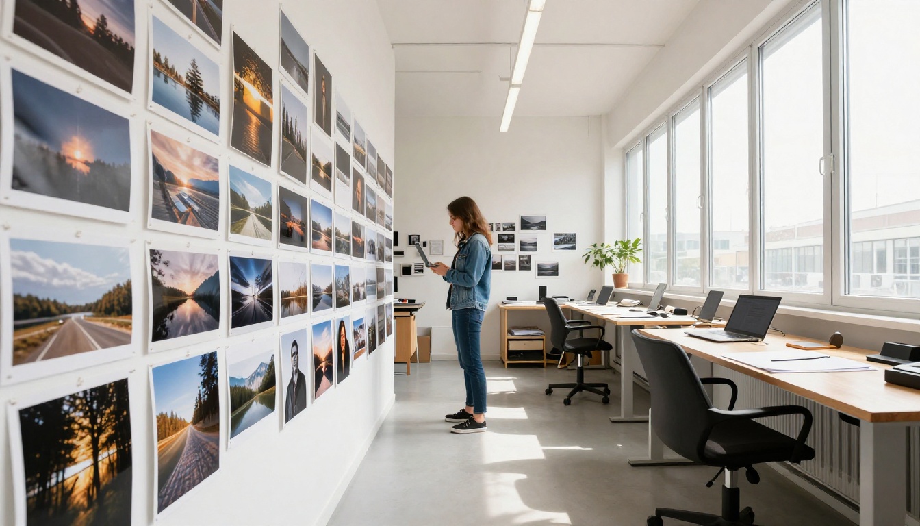 Bright creator studio with a wall of pinned photographic prints and a woman reviewing a laptop