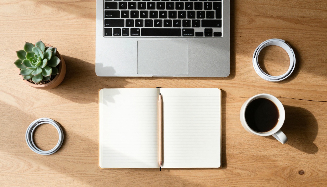 Overhead view of a tidy oak desk with a laptop, notebook and espresso cup