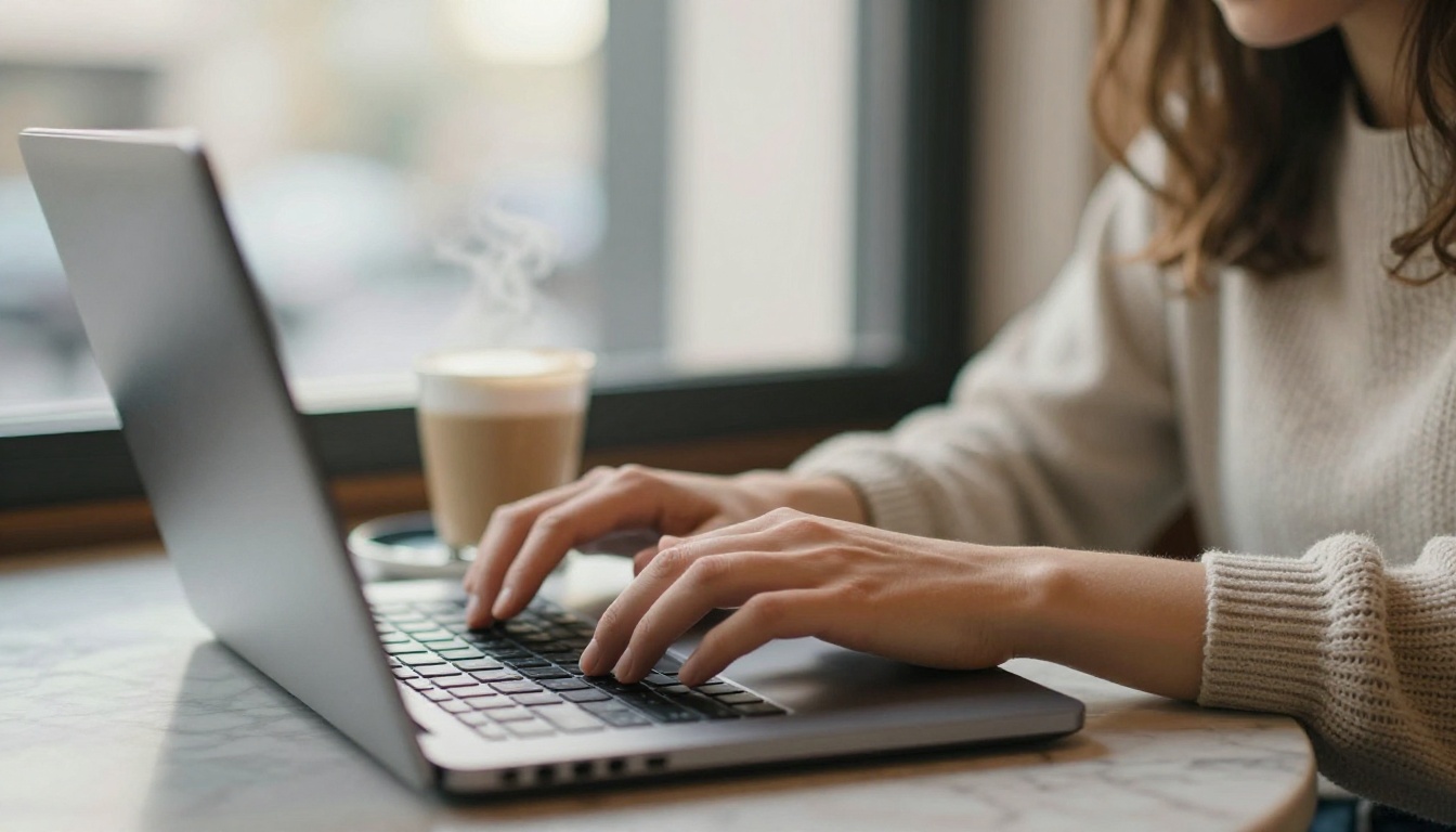 Woman typing a message on a laptop in a sunlit cafe next to a latte