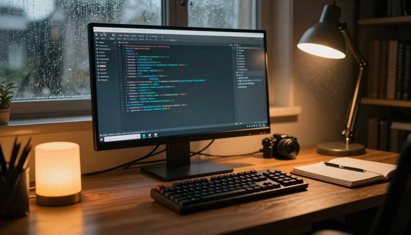 Low-angle view of a developer workstation with a dark terminal window and a warm desk lamp