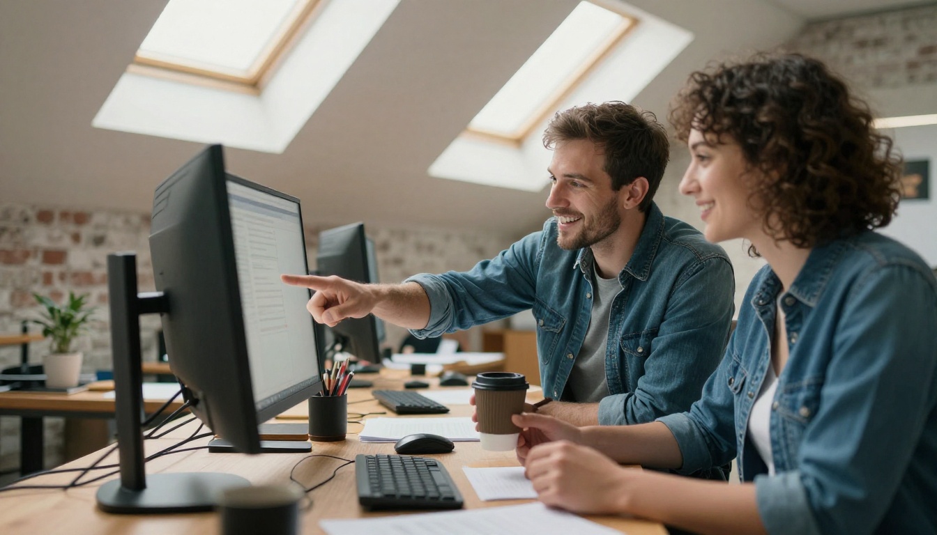 Two developers collaborating at a standing desk in a brick-walled studio
