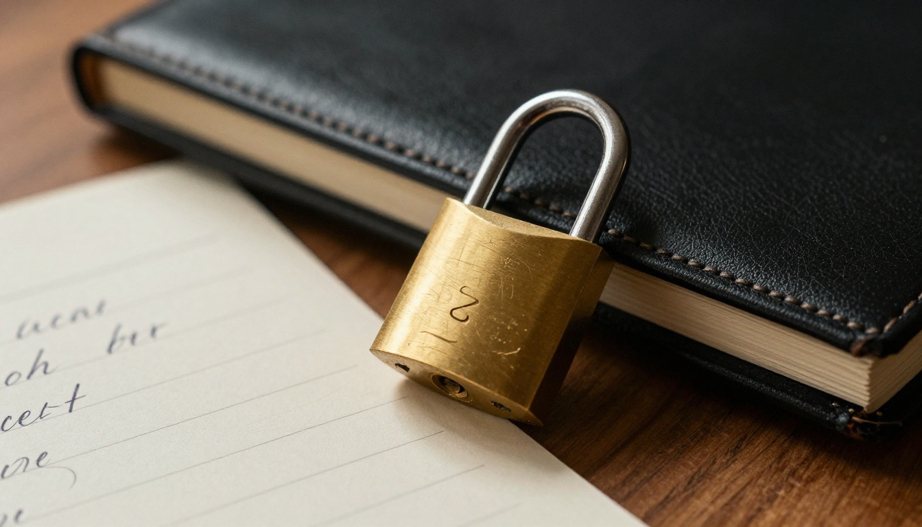 Brass padlock on a black leather notebook beside a slim laptop