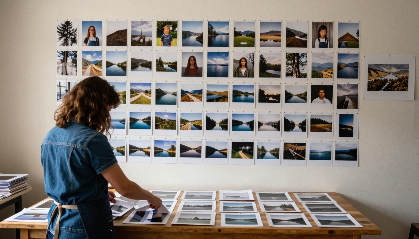 Photographer sorting printed test shots at a long table in front of a wall of prints