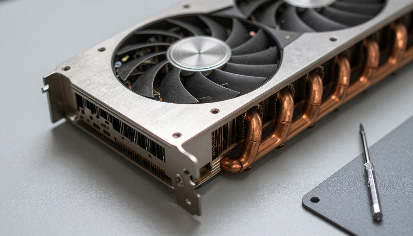 Close-up of a graphics card on a clean workbench with a screwdriver nearby