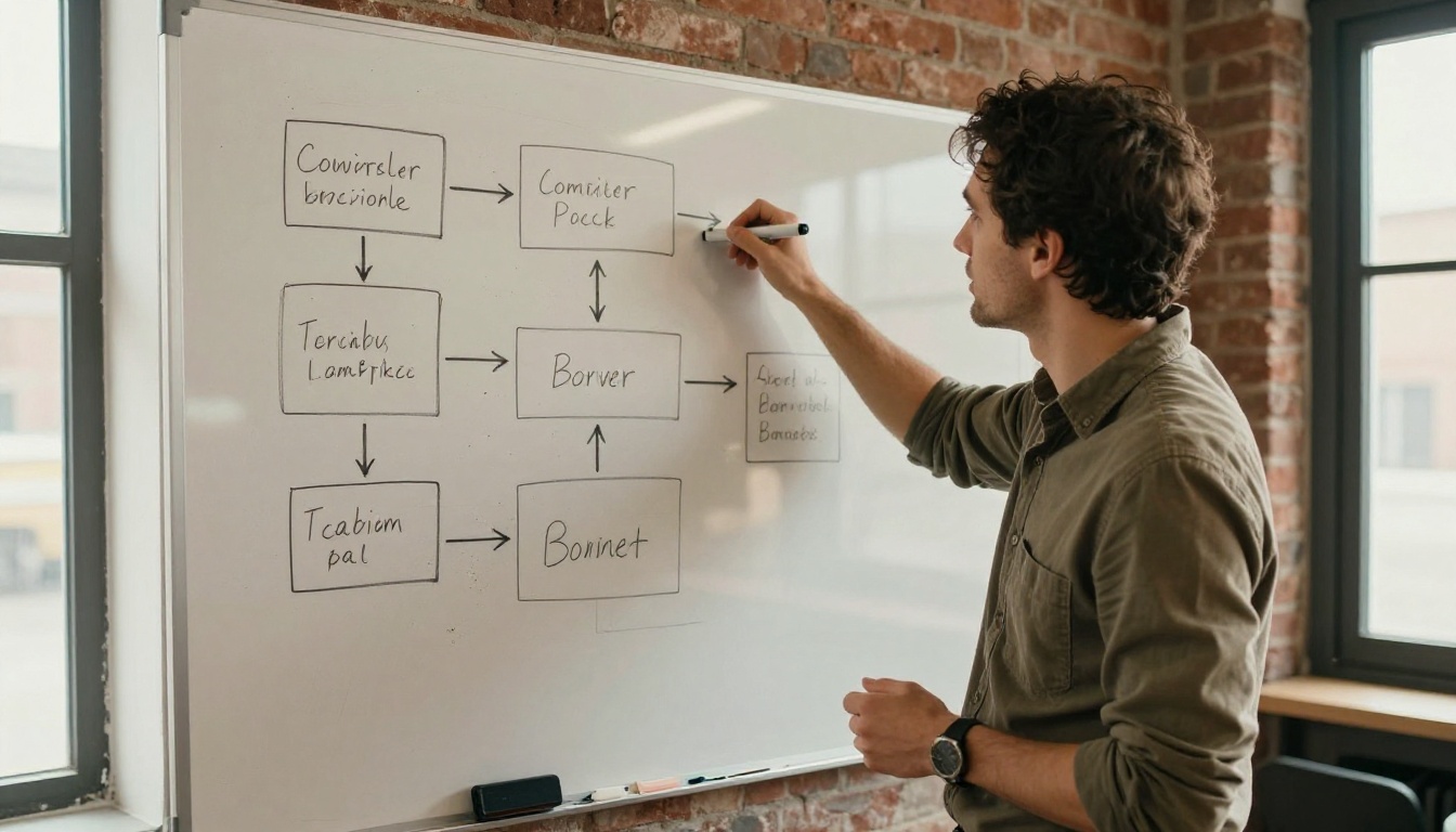 Developer at a whiteboard filled with hand-drawn flowchart boxes and arrows