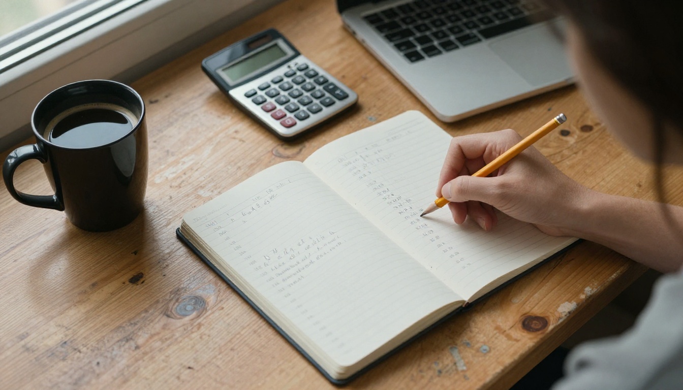 Overhead view of a desk with a notebook of handwritten budget sums, a calculator, coffee and a laptop