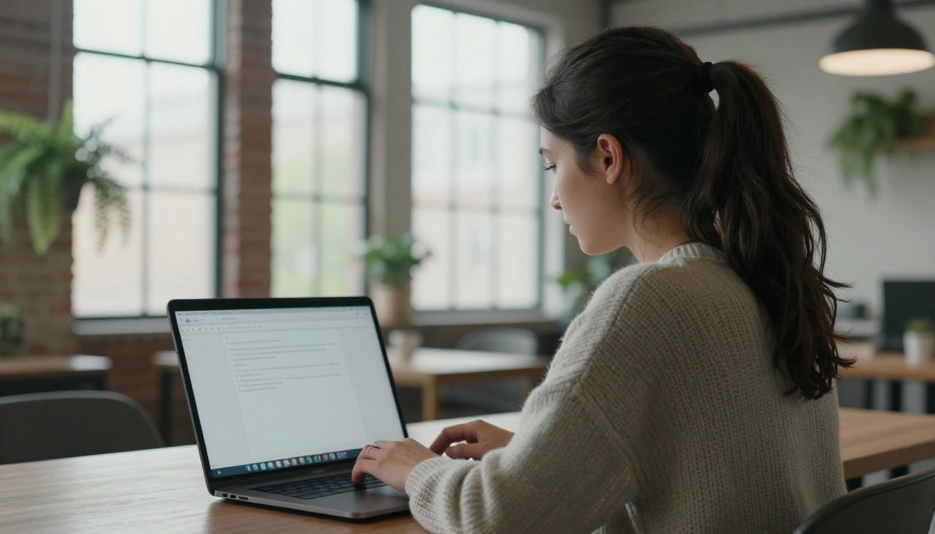 Young woman at a laptop in a bright loft as a chat window loads