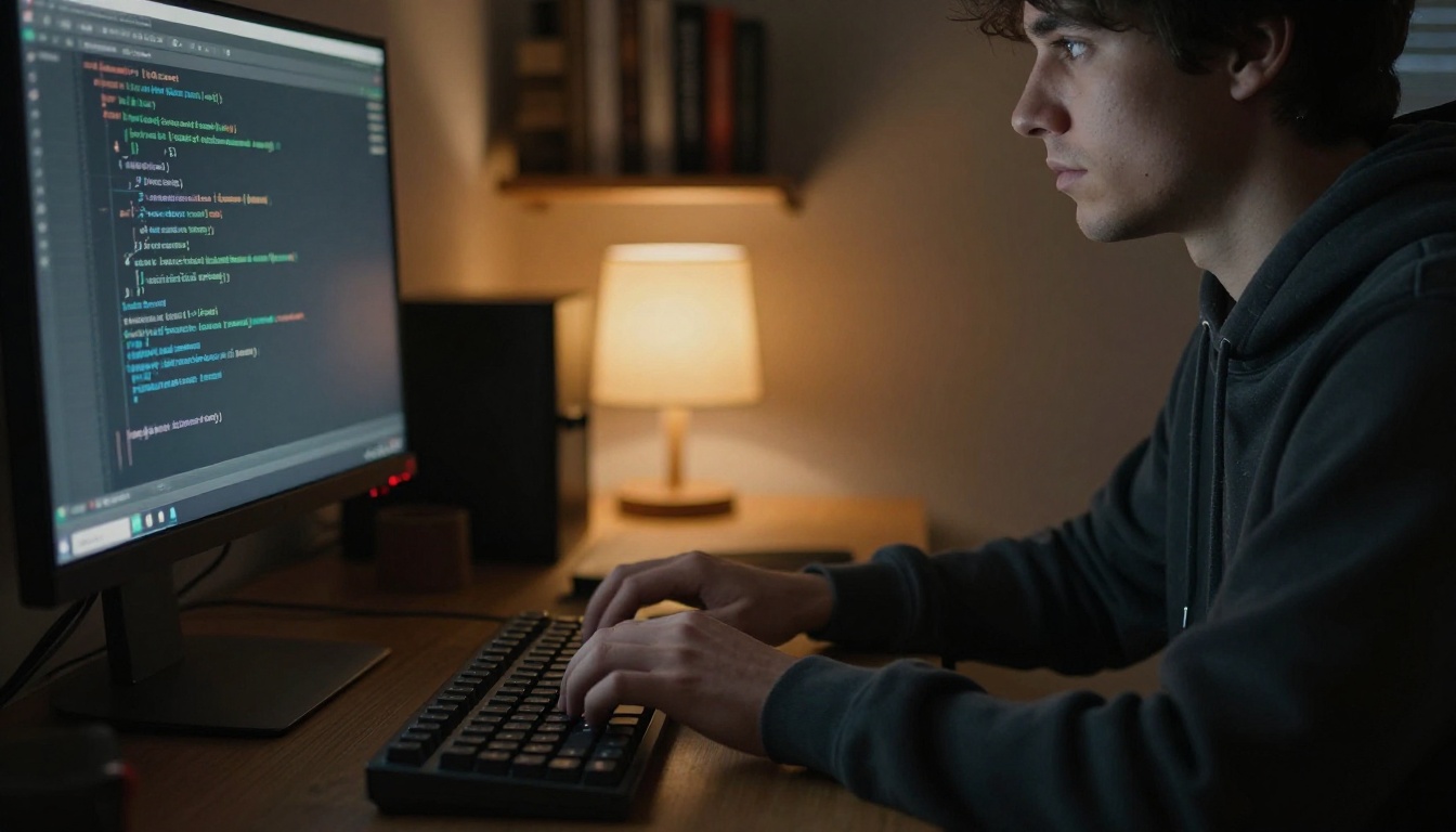 Developer in a dark hoodie typing at a terminal in a dim home office