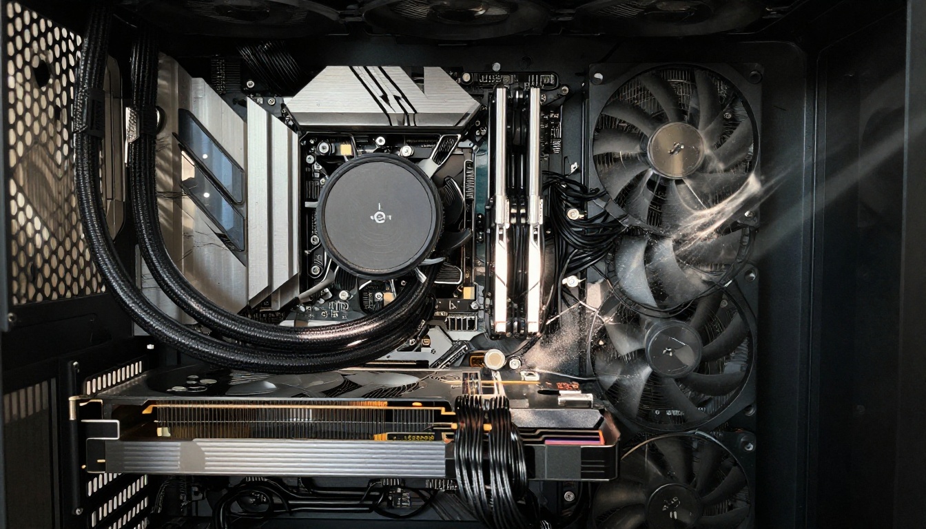 Low-angle view of a triple-fan graphics card inside an open PC case