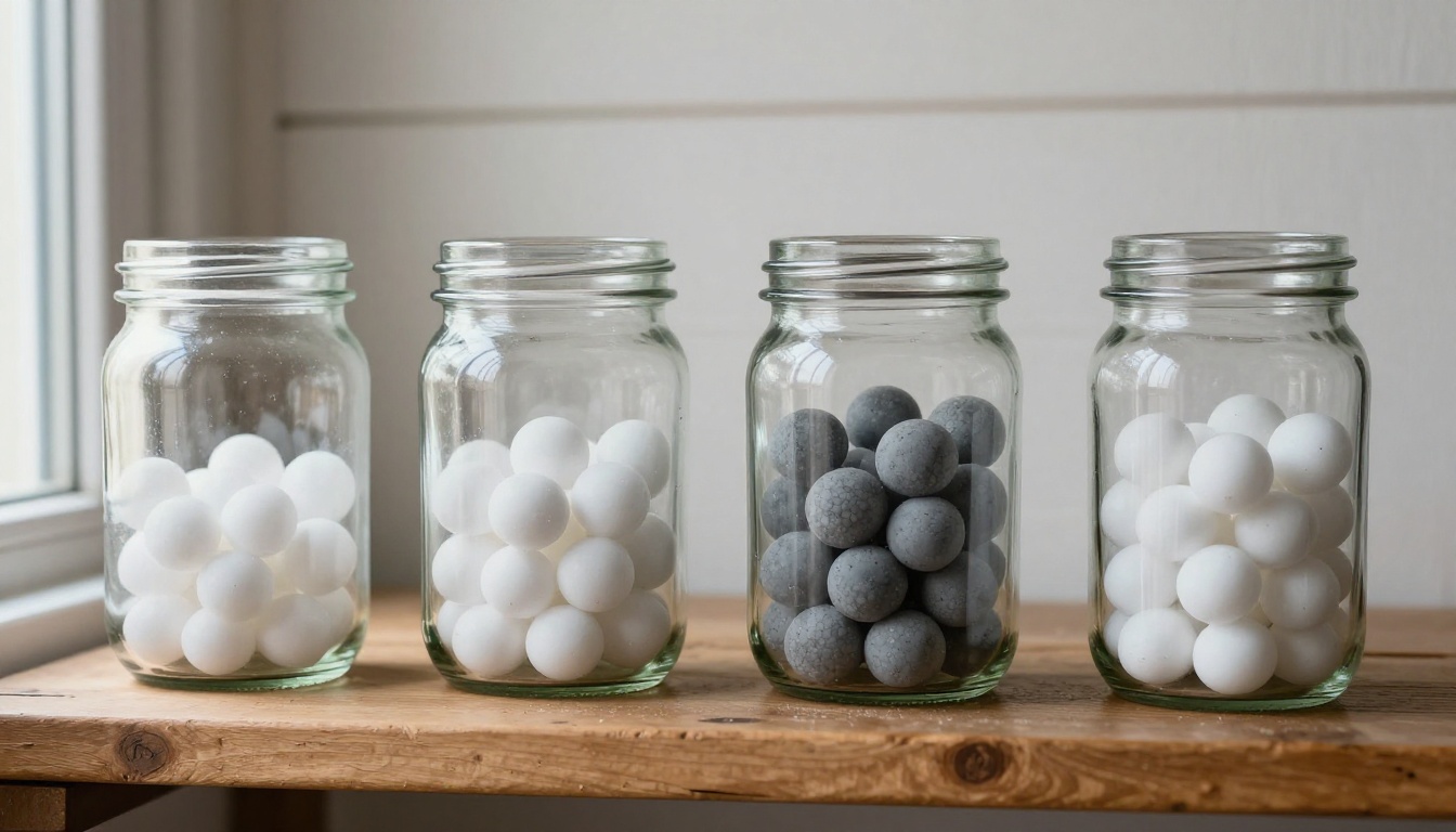 Four glass jars filled with different amounts of marbles on a wooden shelf