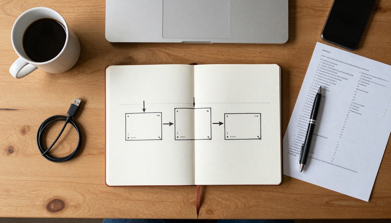 Top-down desk photo with a hand-drawn diagram of three boxes joined by arrows