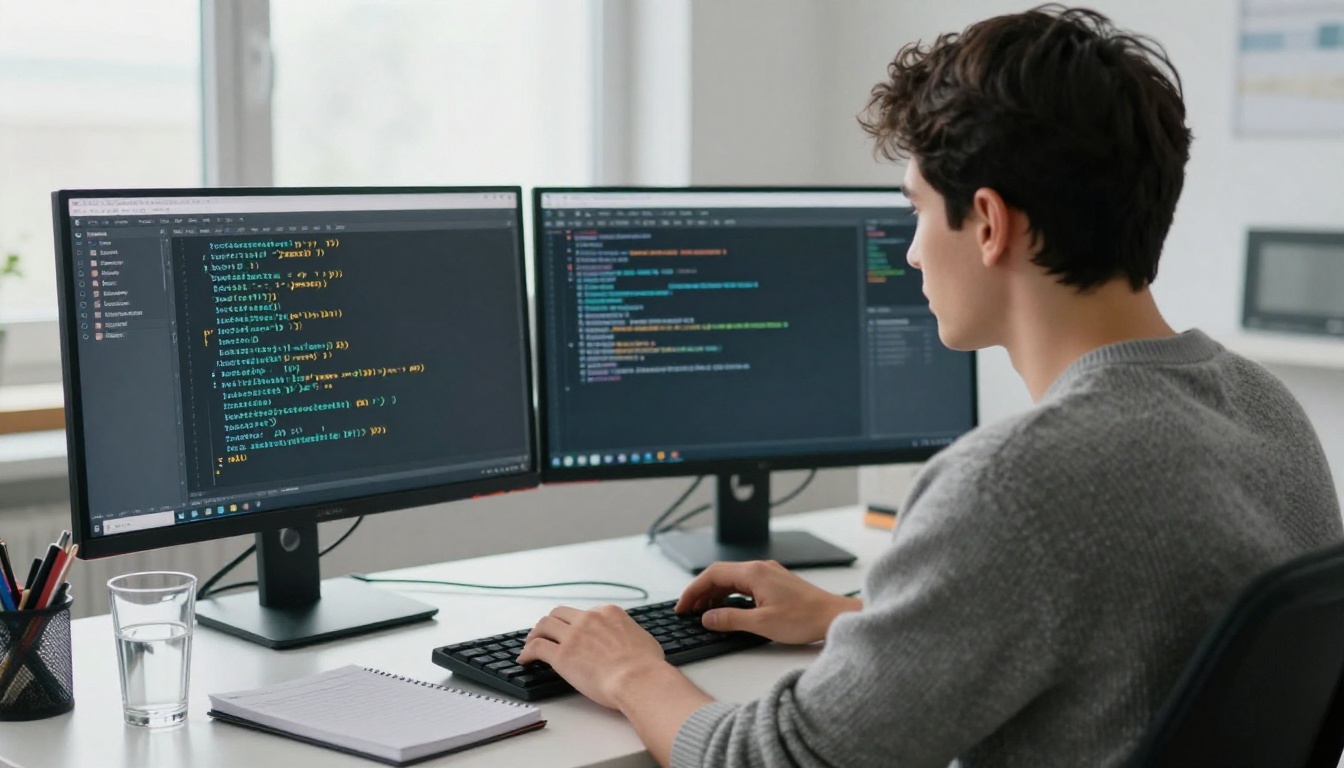 Developer working at two monitors with a terminal and a chat window
