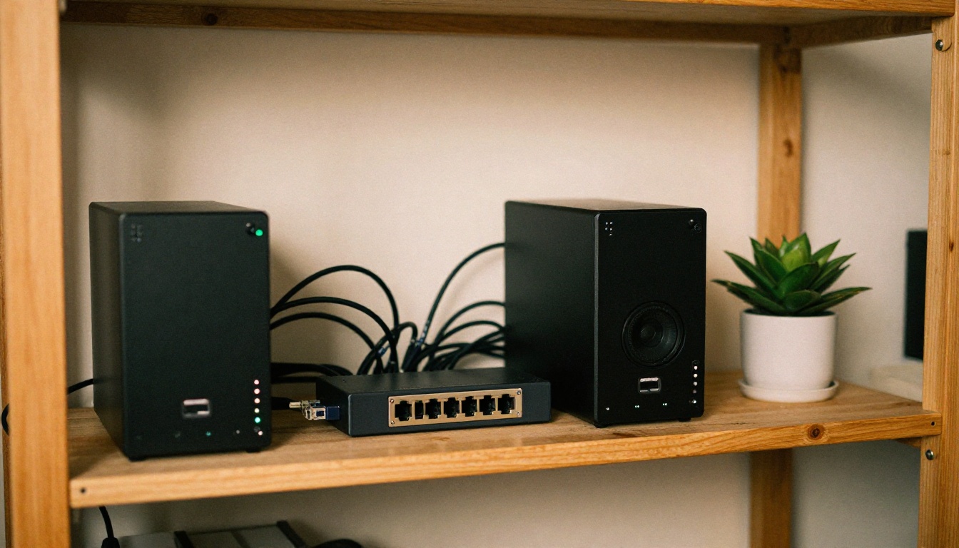 Small home lab shelf with a mini PC, storage box, and tidy ethernet cables