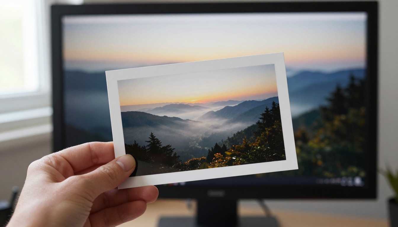 Hand holding a printed photograph of a misty mountain valley in front of a monitor