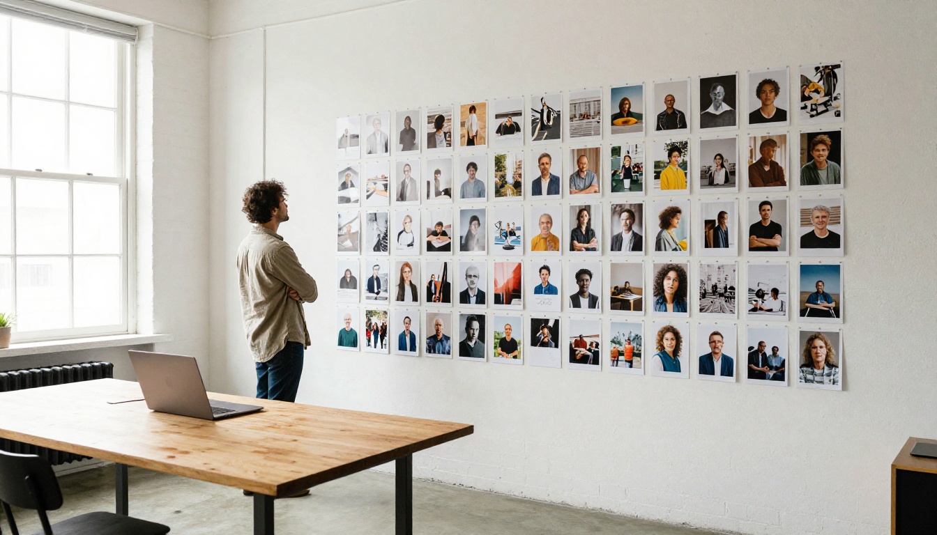 Designer studying a wall of printed image variations in a bright studio