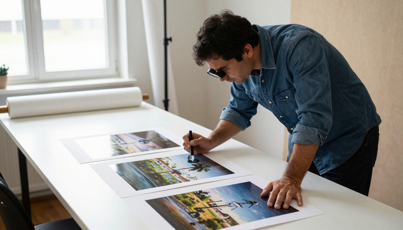 Photographer studying printed proofs with a loupe in a daylight studio