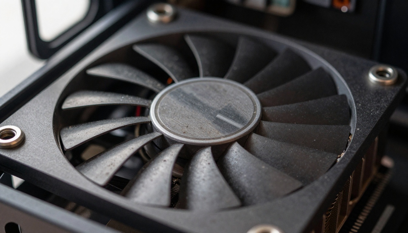 Macro view of a clean case fan and heatsink fins with a thin line of dust