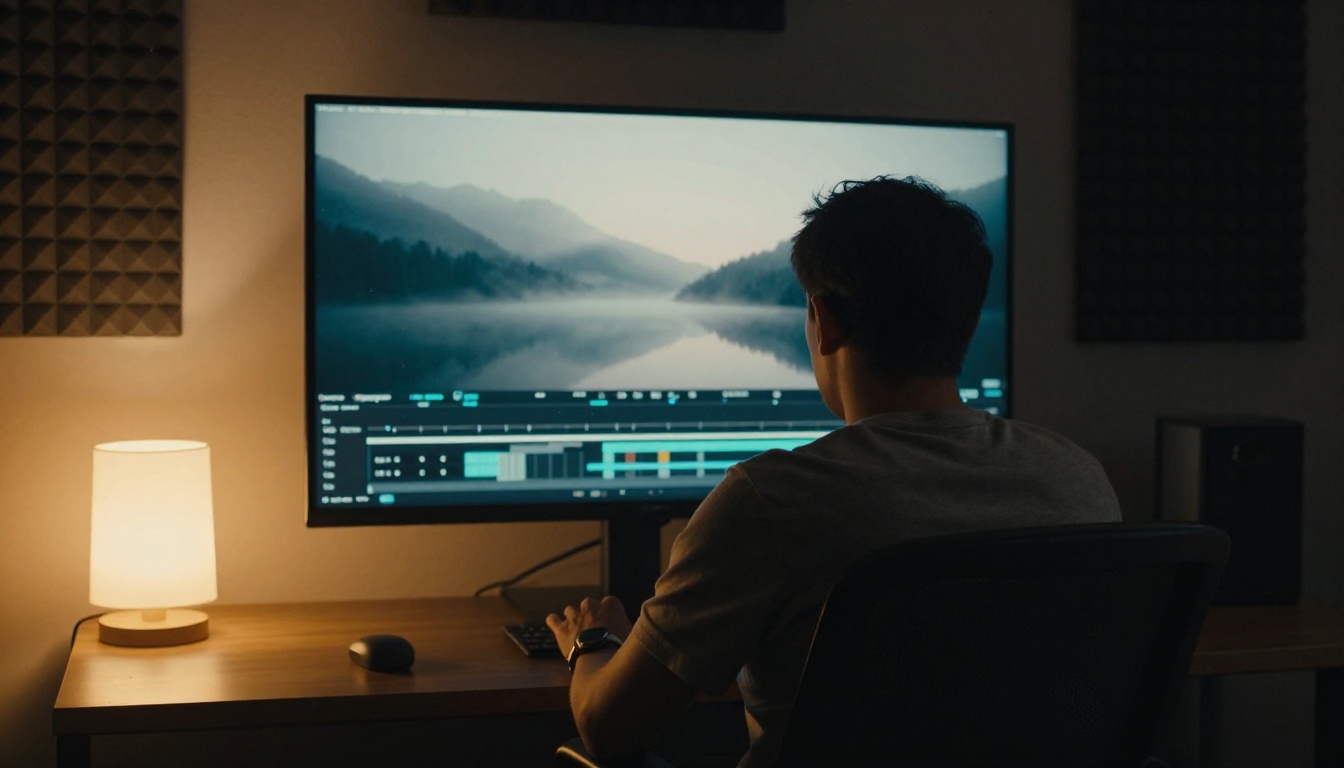 Video editor in a dim suite facing a monitor with a paused mountain lake frame