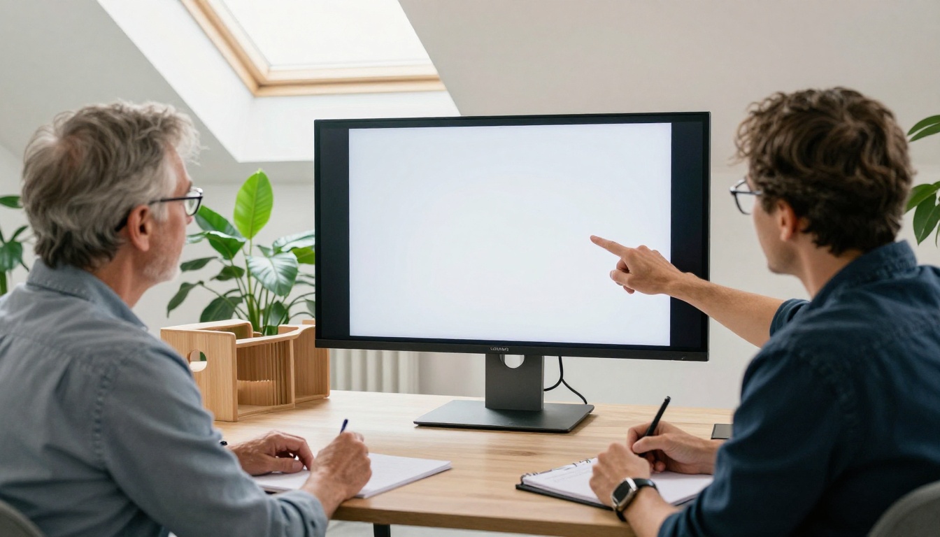 Three colleagues gathered around one monitor in a bright workspace