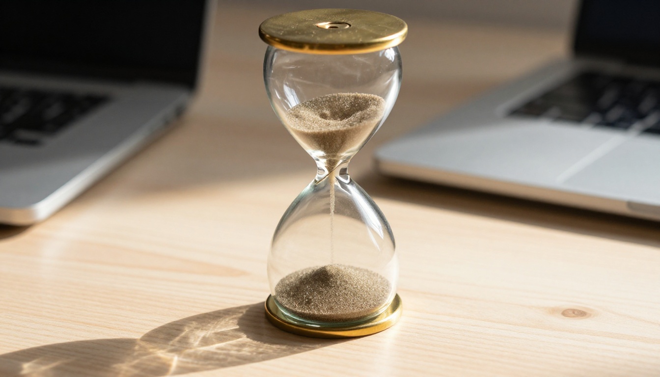 Glass hourglass on a wooden desk with a laptop blurred behind it