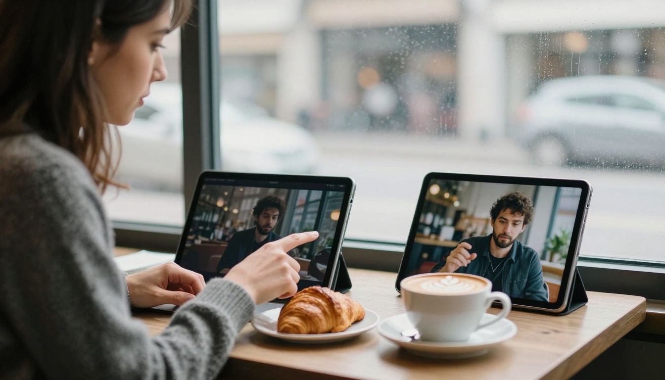 Creative director comparing two tablets showing different photographs at a cafe table