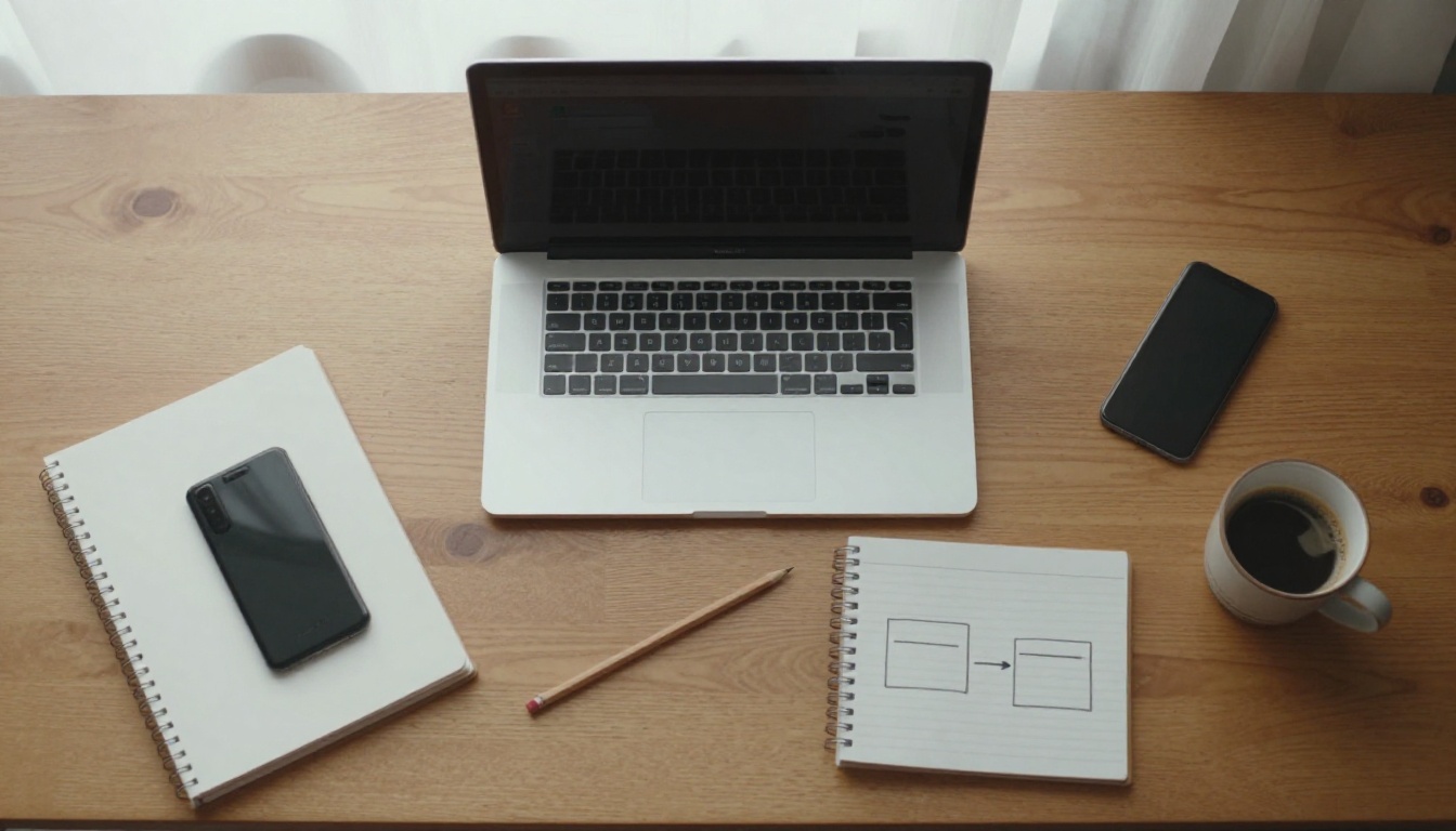 Laptop, phone and notebook with a two-box diagram on a walnut desk