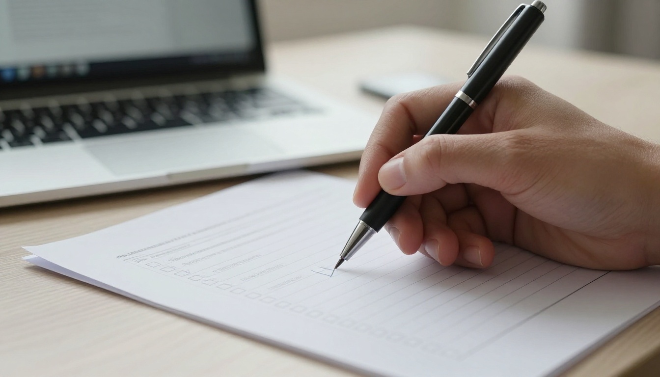 Hand ticking boxes on a paper checklist beside a laptop trackpad