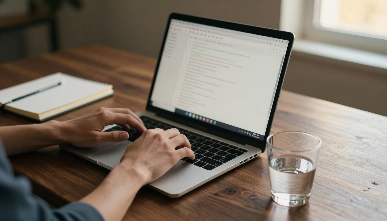 Developer's hands typing on a laptop with a terminal window on screen