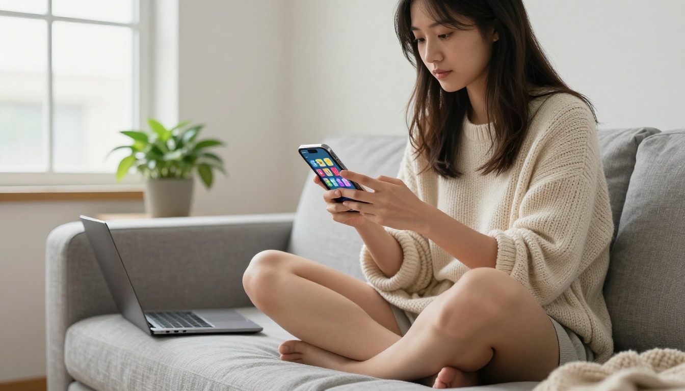 Woman on a sofa browsing a grid of app tiles on her phone