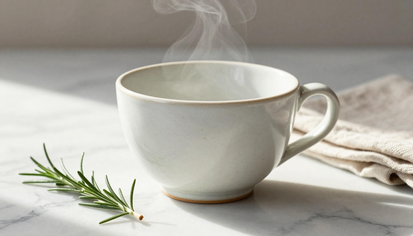 Ceramic mug on a marble countertop in warm morning light