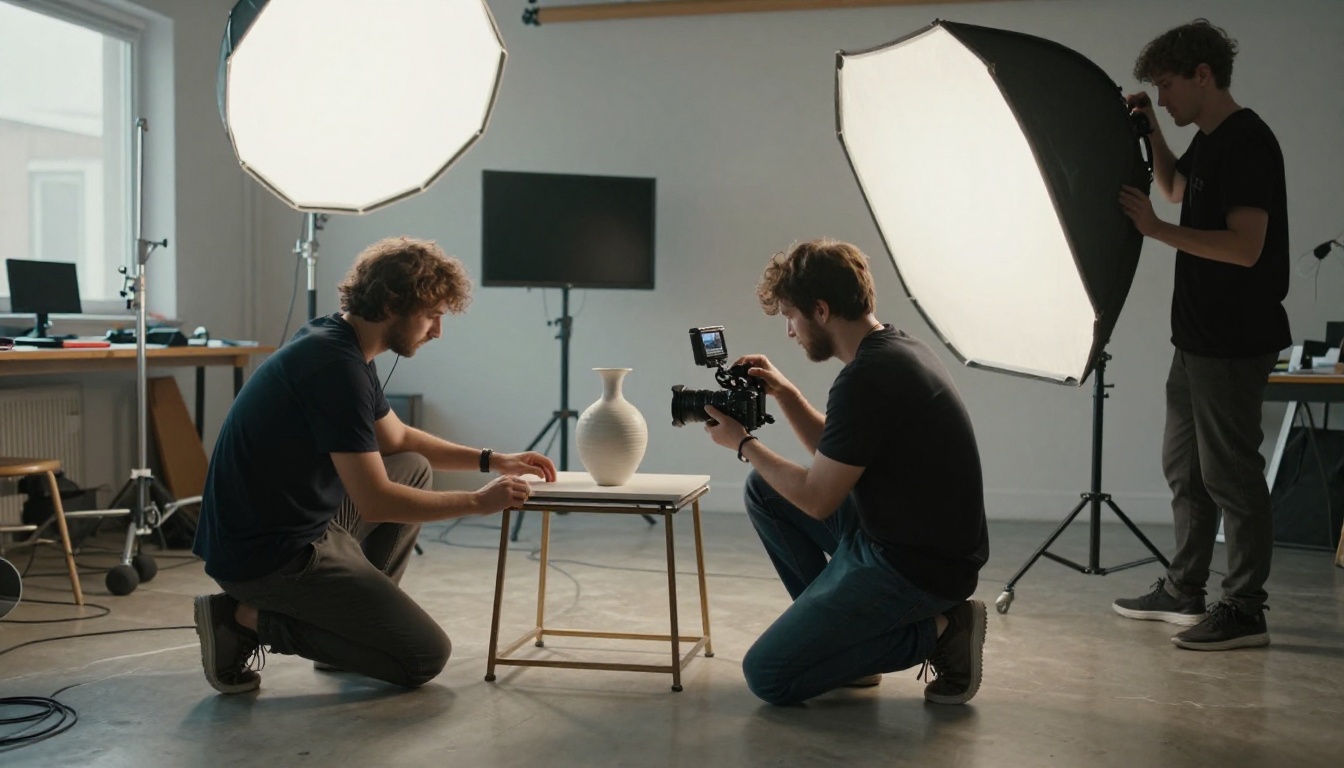 Cinematographer adjusting a camera on a slider rail on a small film set