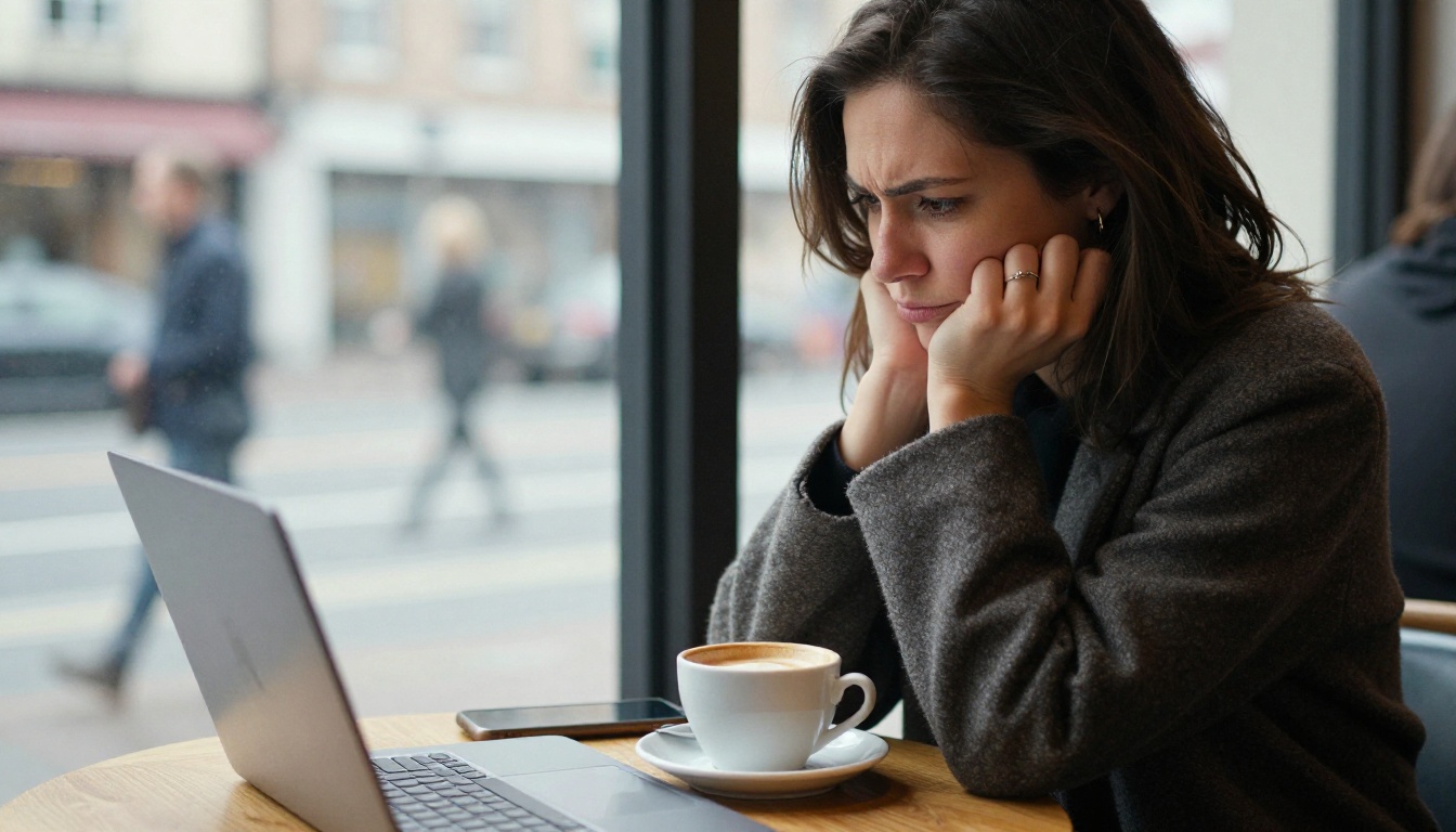 Woman at a cafe table frowning at her laptop with a coffee beside her
