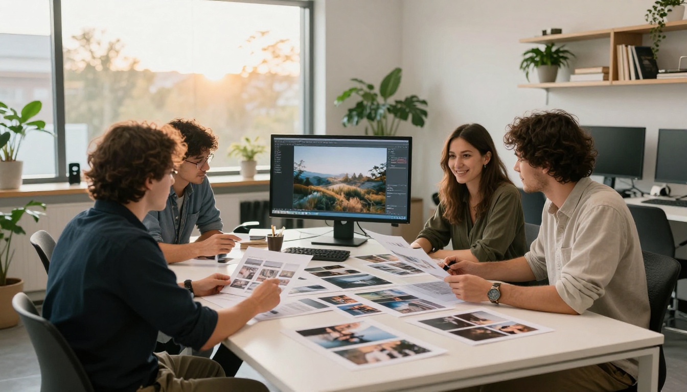 Three colleagues reviewing printed contact sheets in a bright agency room