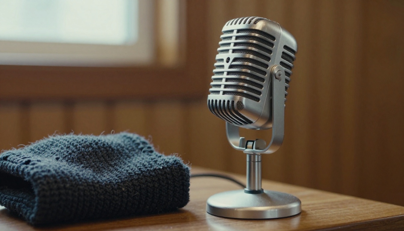 Silver ribbon microphone on a wooden desk stand in a recording nook with walnut slat walls