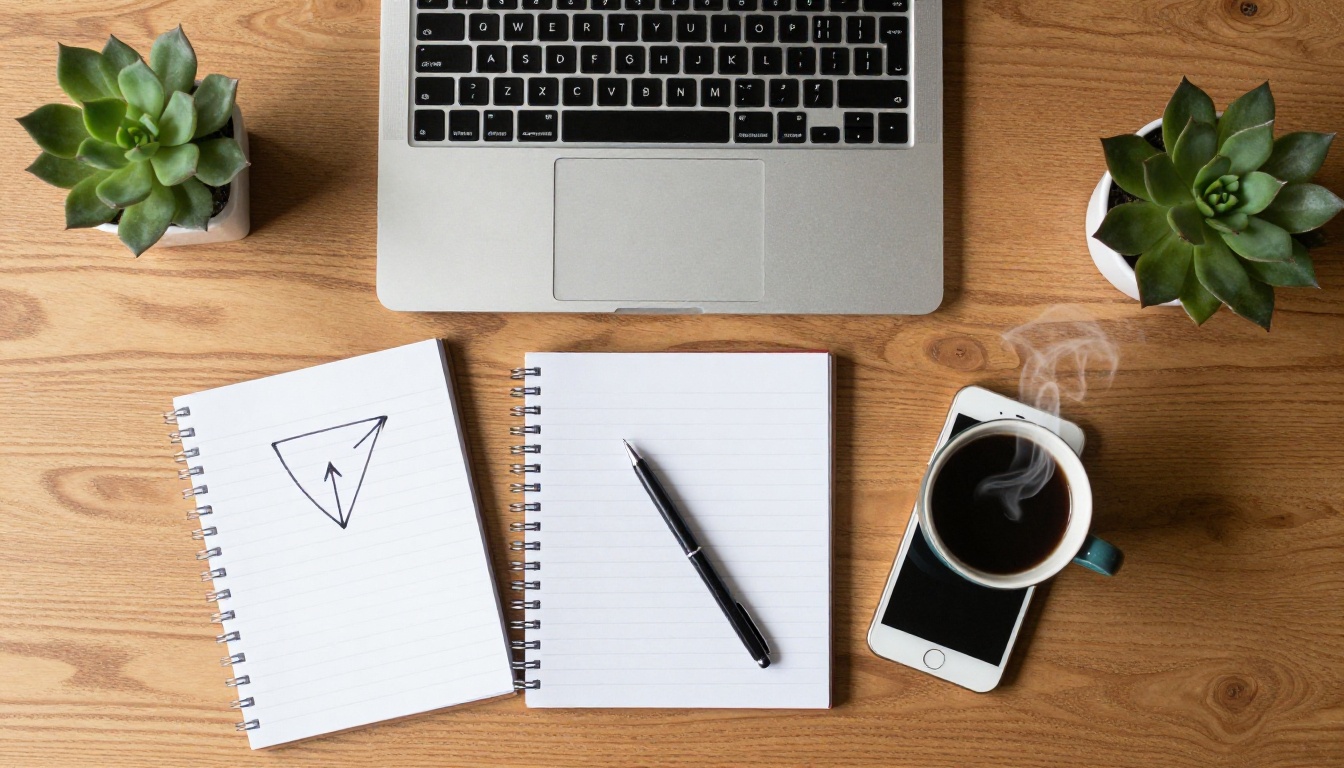 Top-down view of a wooden desk with a laptop, notebook diagram, coffee cup and smartphone