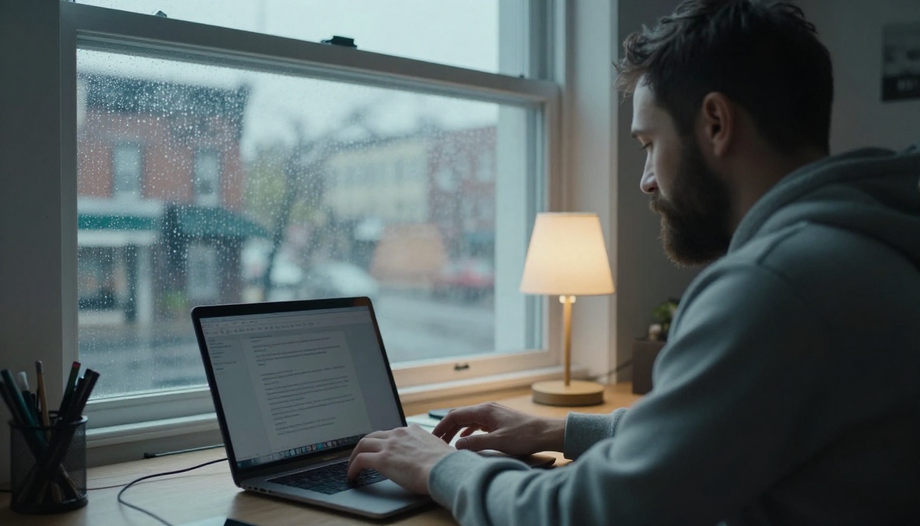 Over-the-shoulder view of a developer typing at a standing desk beside a rainy window