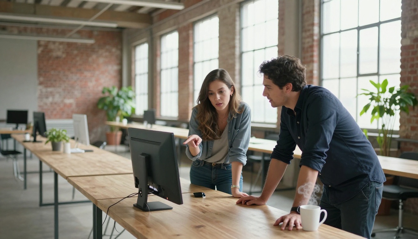 Two developers pointing at a widescreen monitor in a bright brick loft workspace
