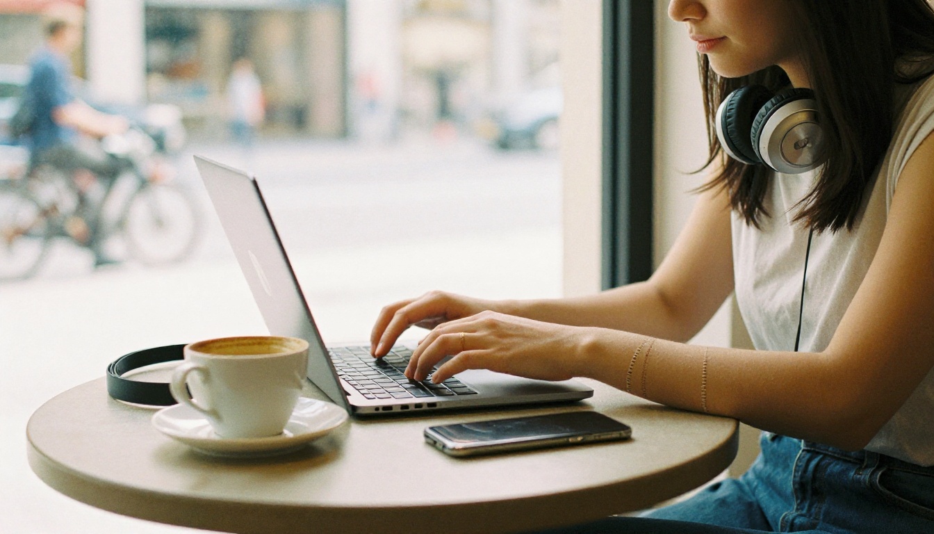 Young woman typing at a cafe table with a smartphone and headphones in morning light