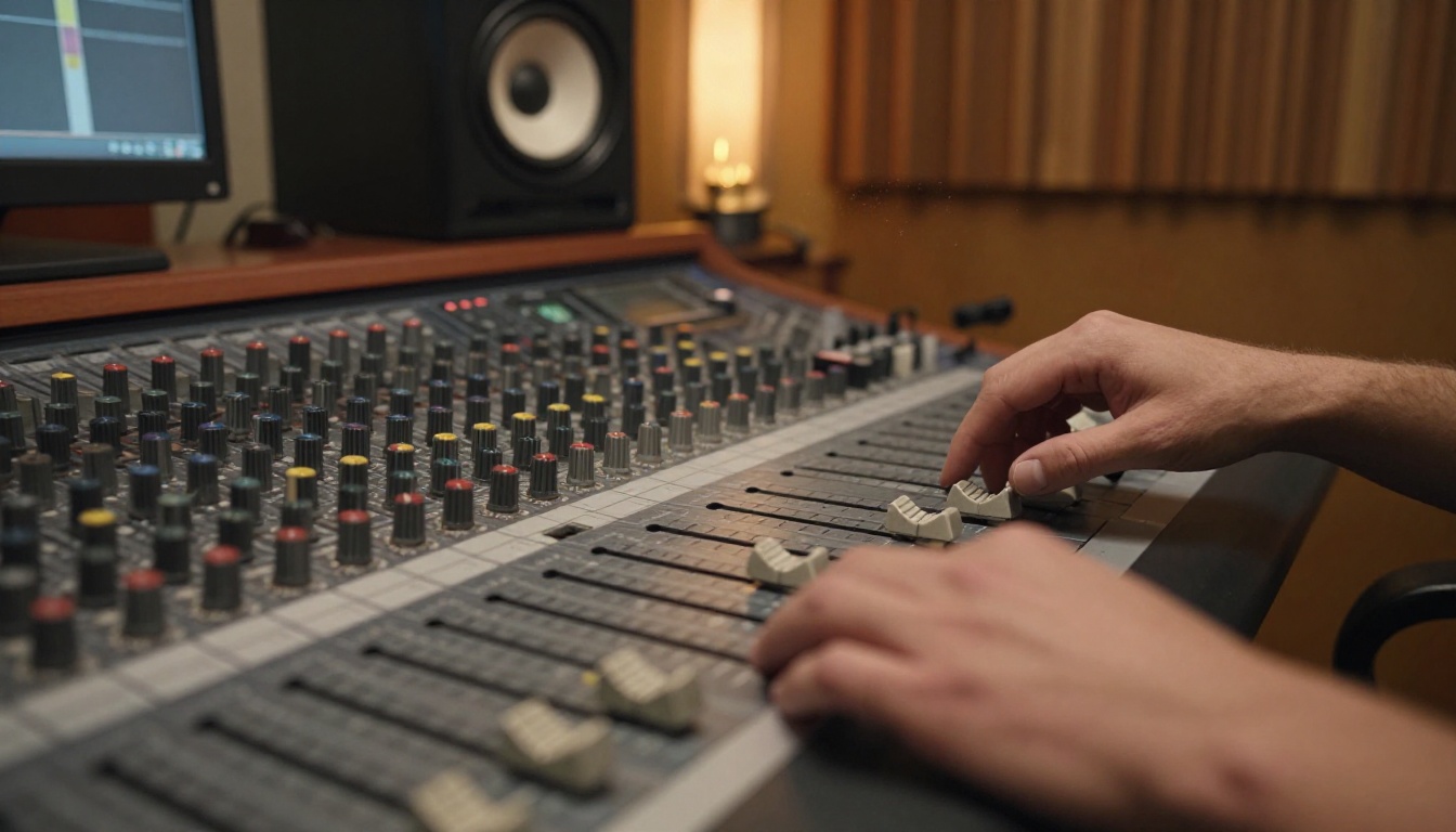 Sound engineer's hands resting on an analog mixing console with faders and studio monitors behind
