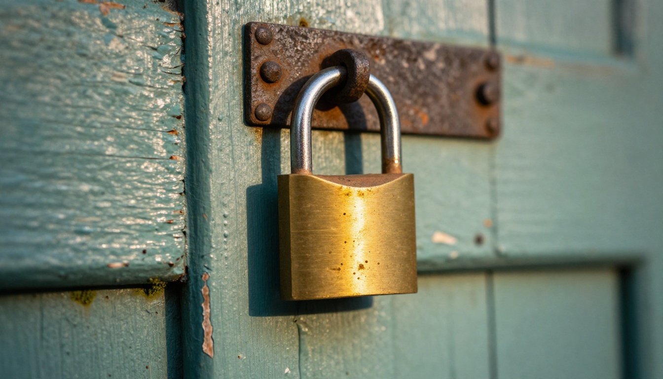 Weathered brass padlock on an old painted wooden door in late afternoon sun