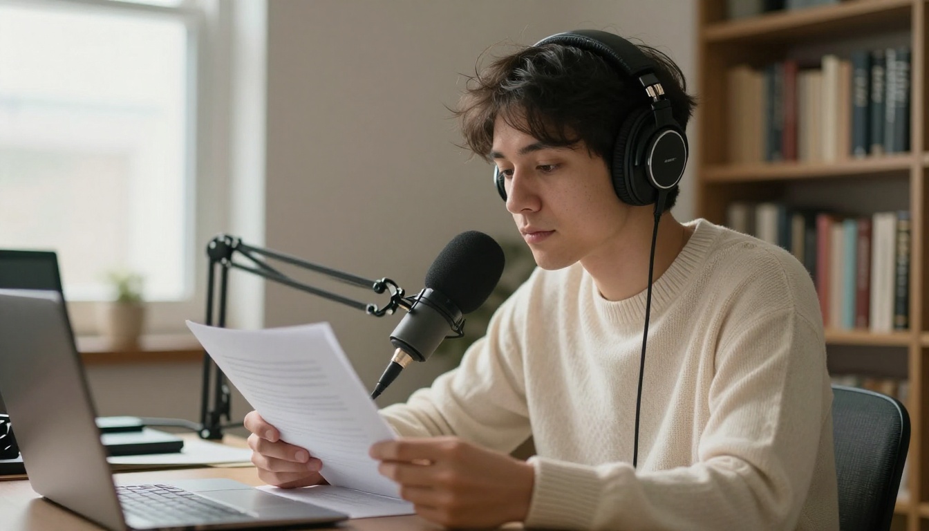 Podcast creator in headphones reading a printed script into a microphone in a home studio