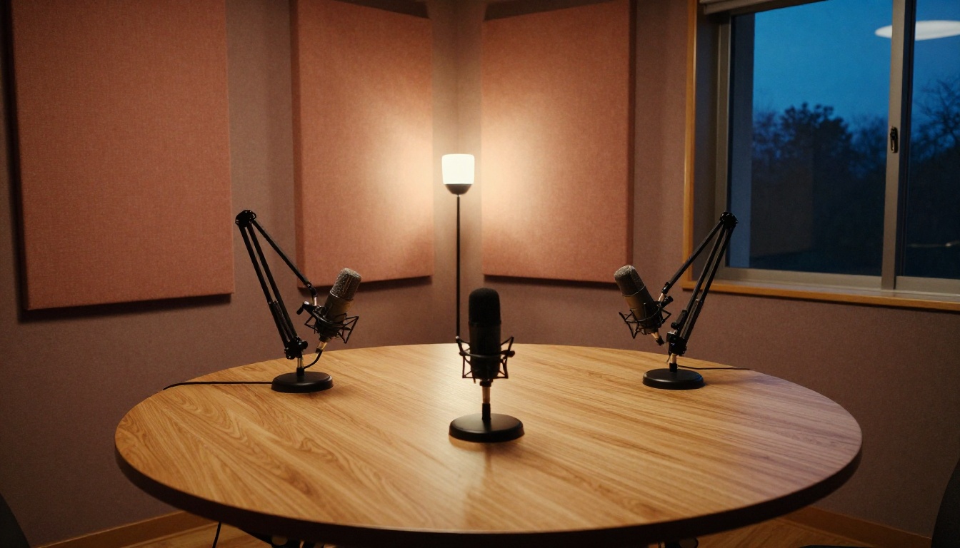 Empty two chair podcast studio at dusk with microphones on boom arms and terracotta panels