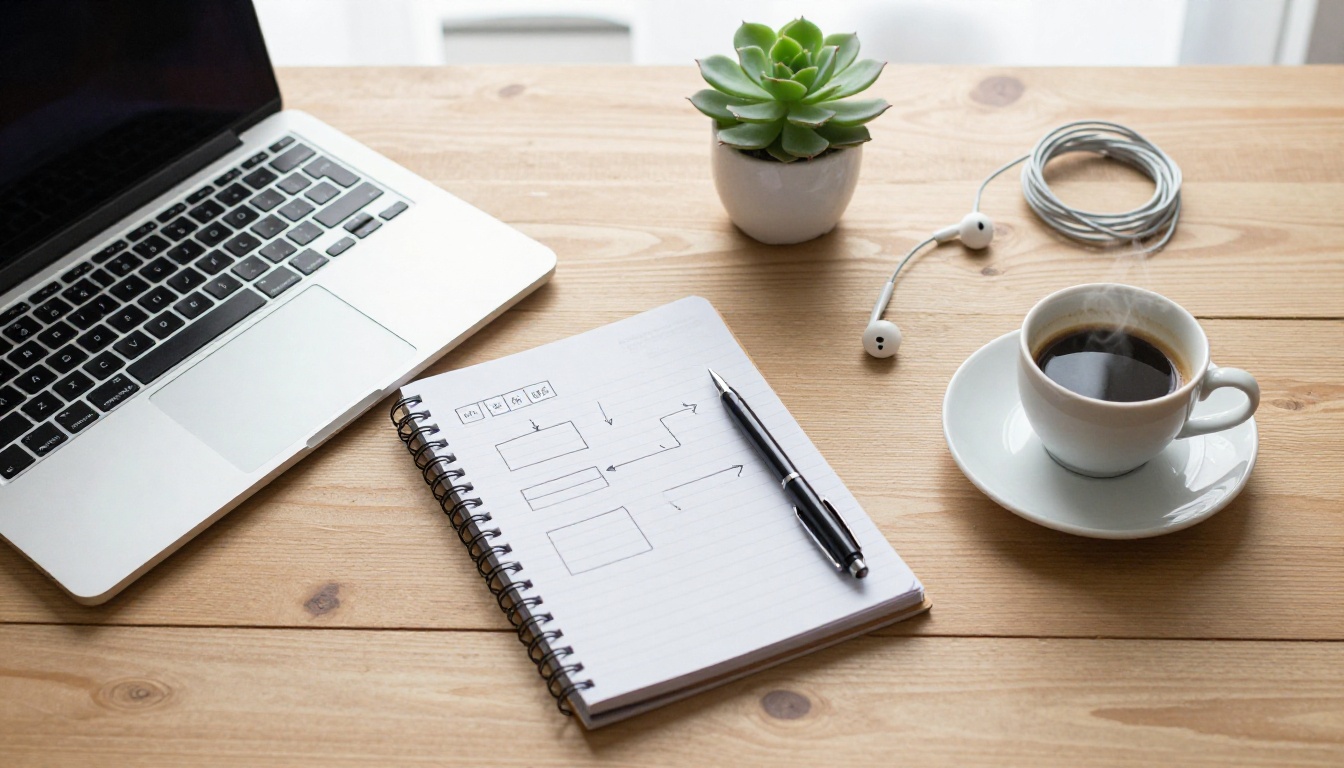 Flat lay of a wooden desk with an open laptop, notebook sketches and an espresso cup
