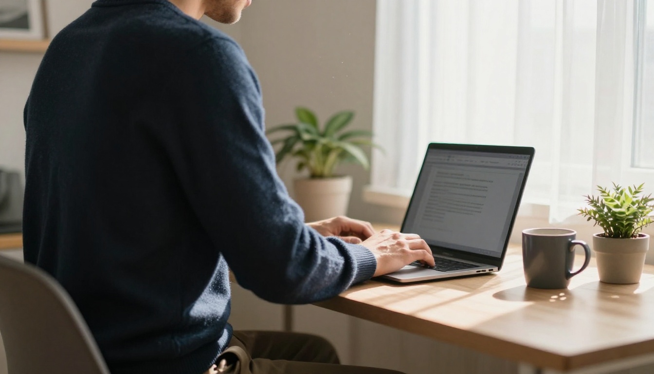 Man in a navy sweater working at a standing desk in a bright home office