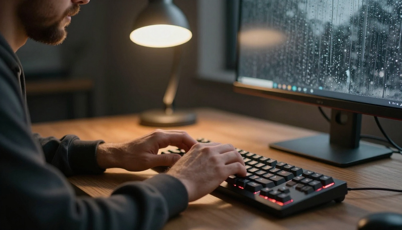 Bearded developer typing in a quiet room at dusk under a warm desk lamp