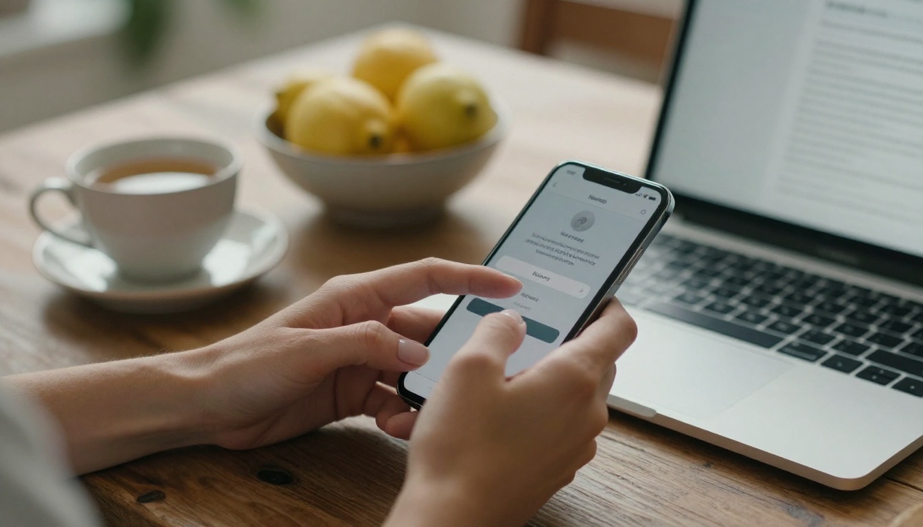 Woman's hands holding a smartphone next to an open laptop on a kitchen table
