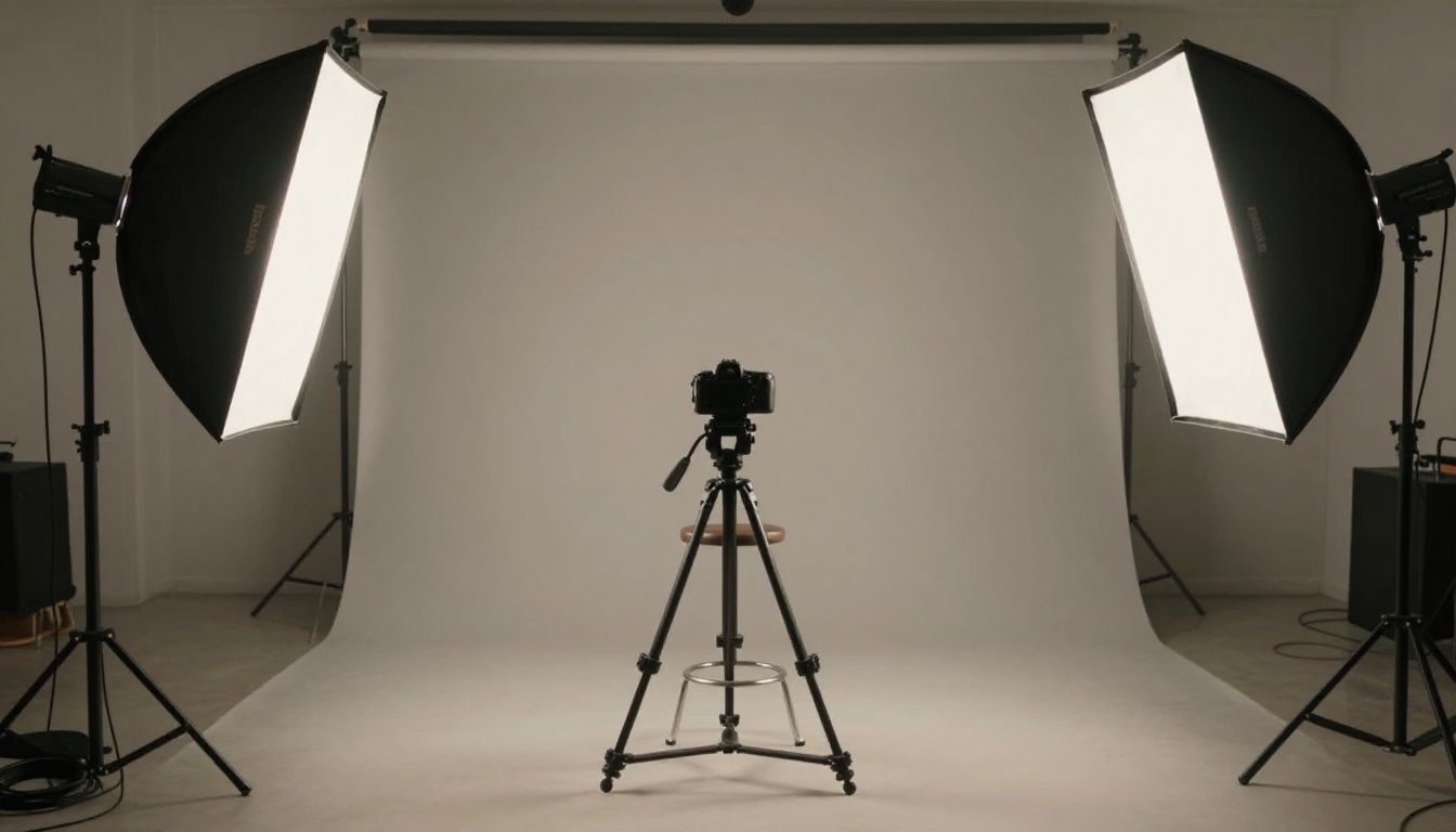 Small video studio with a camera on a tripod and two softbox lights
