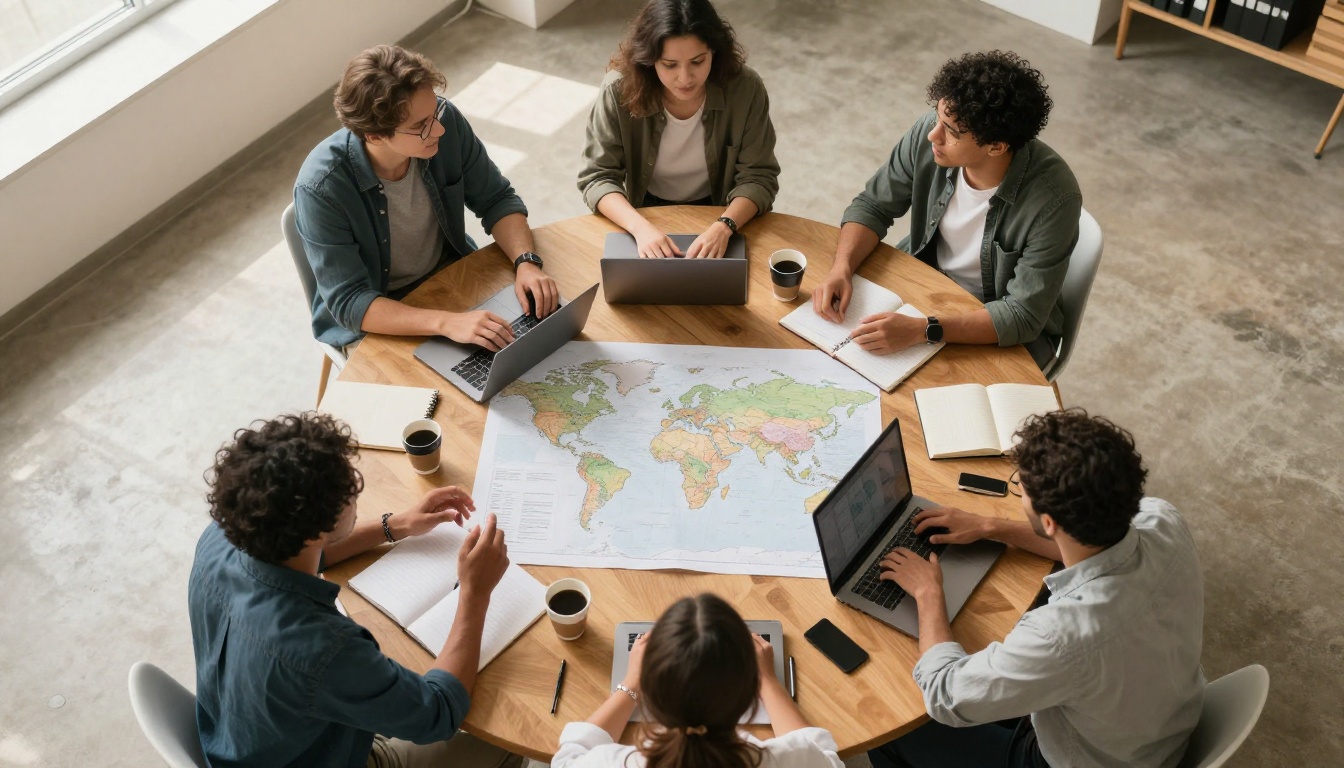 Overhead view of five colleagues around a round table with laptops and a paper map